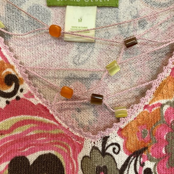 Sigrid Olsen Floral Knit Stretch Top MultiColor Beaded String V-Neck EUC Sz Med - Picture 2 of 7
